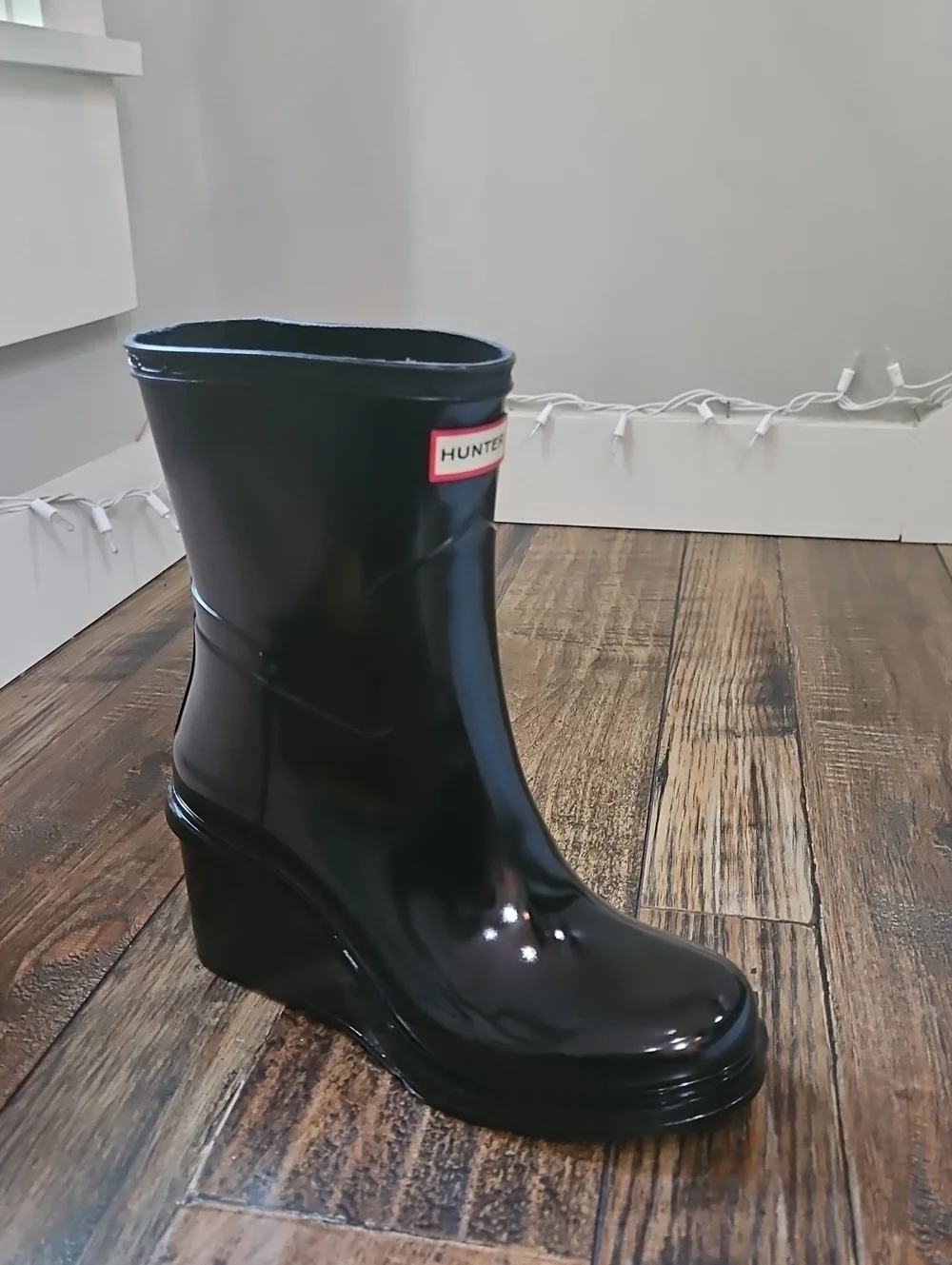 New! Hunter Wedge Heel Black Gloss Mid-Calf Rain Boots - Women's Waterproof